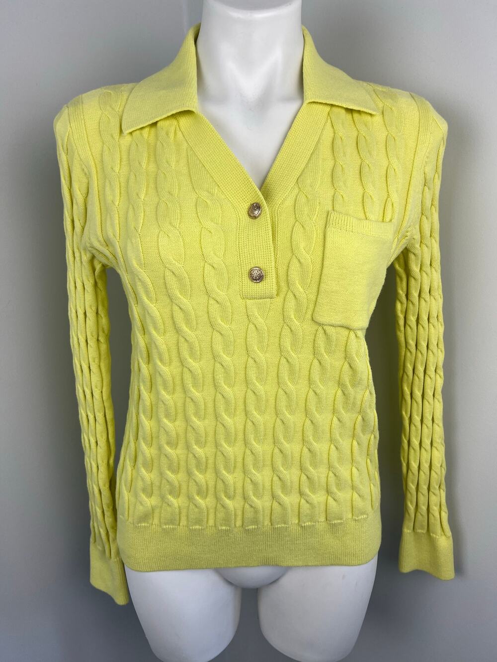 Talbot's Yellow Cable Knit Johnny Collar Pullover Sweater Preppy Old Money Small